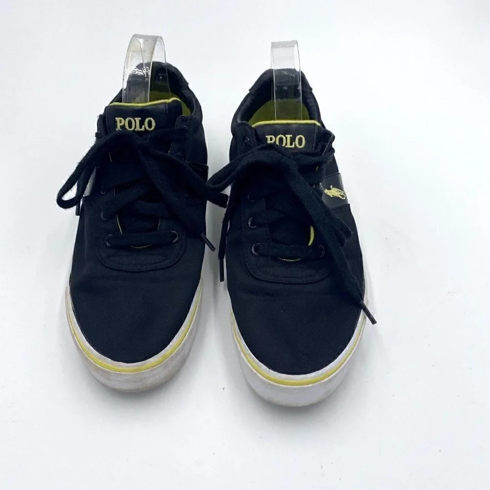 Polo Ralph Lauren Hanford Mens Sneakers 9.5D Canvas/Leather Black w/ Yellow Logo